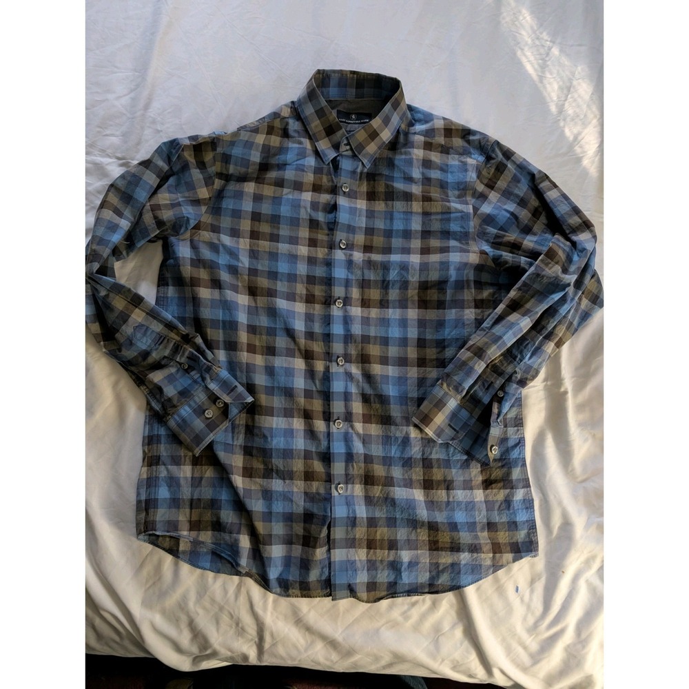 Hart Schaffner Marx Mens Large Blue Plaid Long Sleeve Button Up Dress Shirt